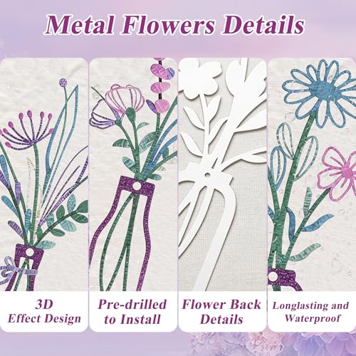 Embewhis Wall Decor Metal Flowers 3pcs, Rustic Farmhouse Flower Sculptures, 13.7" Wall Art Decor, Drill-Free Install Option for Living Room, Kitchen, Bedroom & Bathroom - size: D