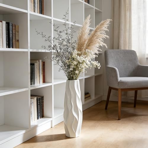 White Tall Ceramic Floor Vase, 17.7 Inch, Pleated Wave Design - color: Shape 1, size: 17.7 Inch