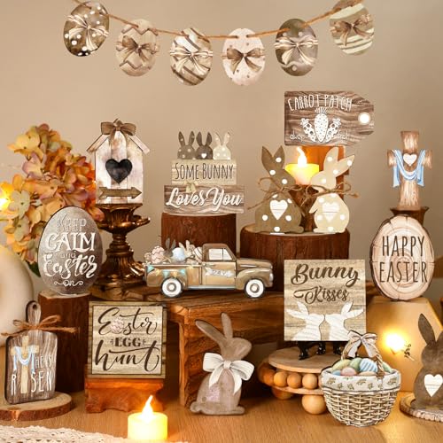 Amyhill 24 Pcs Easter Tiered Tray Decor Bunny Carrot Farmhouse Easter Decorations Spring Wooden Signs Happy Tiered Tray Decor for Home Kitchen Coffee Bar Table Shelf - style: Retro Easter