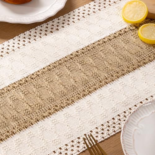 Boho Macrame Table Runner Jute Burlap Small Dresser Runner - color: Ivory and Brown, size: 12" × 90"
