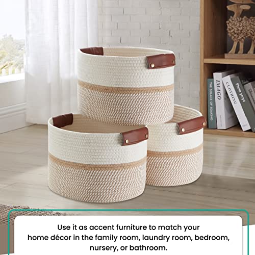 3 Pack Woven Cotton Rope Storage Basket, 15x10x9, White/Brown - color: White/Brown