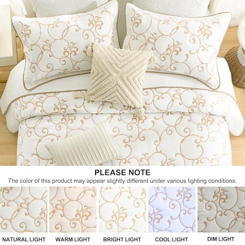 100% Cotton Oversized Bedspread Quilt Coverlet Set, 120"x102" Extra Large Queen Bedspreads with Pillow Shams, Lightweight Embroidered Bedding Cover 3 Piece, Beige/White - color: Beige/White, size: Oversized Queen(120"x102")