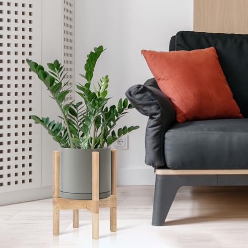 D'vine Dev Ceramic Pot with Natural Wood Stand, Grey, 8 in, 55-B-N-3 - color: Grey Pot + Natural Stand, size: 8 Inch