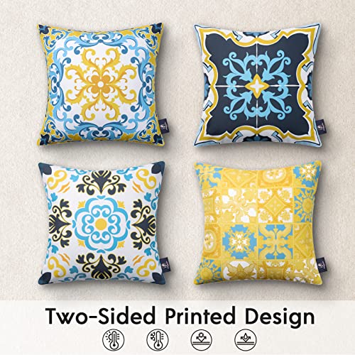 Phantoscope Set of 4 Outdoor Waterproof Throw Decorative Pillow Cover Geometric Boho Farmhouse Outdoor Pillows Cushion Case for Patio Furnitures Tent, Blue and Yellow 18x18 Inches - color: Navy/Blue/Yellow, size: 18" x 18" (Pack of 4)