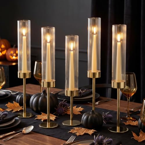 Gold Hurricane Taper Candle Holders,2 Sets(6 Pcs) Brass Candlestick Holders with Ribbed Glass Cylinder, Table Centerpiece Decor for Wedding, Party, Halloween,Christmas & Home Decoration