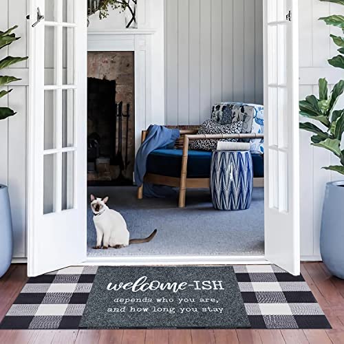 JJUUYOU Large Welcome Mat for Front Door Outside Patio Mat Funny Welcome-ish Gray Doormat Non Slip Rubber Backing Entryway Low Profile Mats for Entry Shoe Mats 24"x36" - color: Welcome-ish-grey, size: 24" x 36"