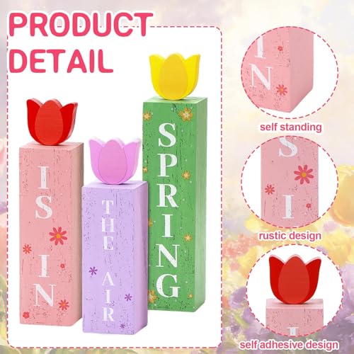 3 Pcs Spring Tulips Wood Table Decor Tulip Flower Block Signs Hello Spring Flowers Table Centerpieces Tulips Spring Holiday Decoration for Home Kitchen Office Desk Easter Decor - style: Spring Tulip