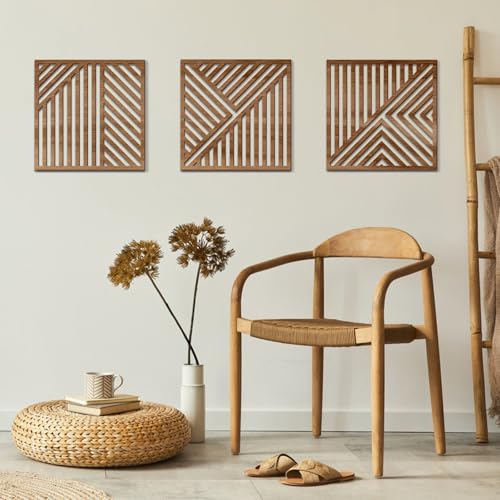 Bnesi 3 Piece Abstract Geometric Wood Wall Art Decor Modern Boho Minimalist Slatted Design Wall Sculpture Art Decor for Living Room Bedroom Home Bathroom (Classic, Medium) - style: Classic