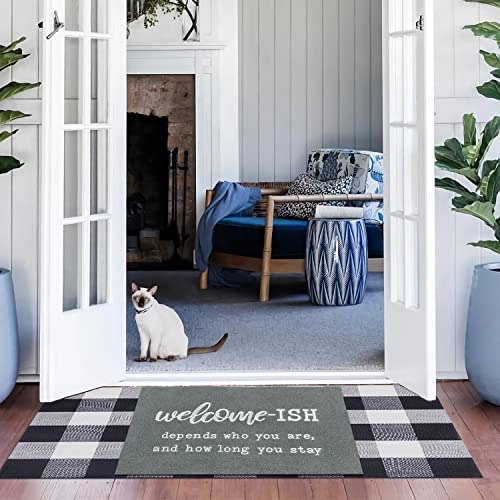 JJUUYOU Large Welcome Mats Front Door Mat Indoor Entrance with Non Slip Rubber Back Funny Welcome-ish Durable Doormats Entryway Decor for Home Farmhouse, Light Gray 24"x36" - color: Welcome Ish-light Gray, size: 24" x 36"