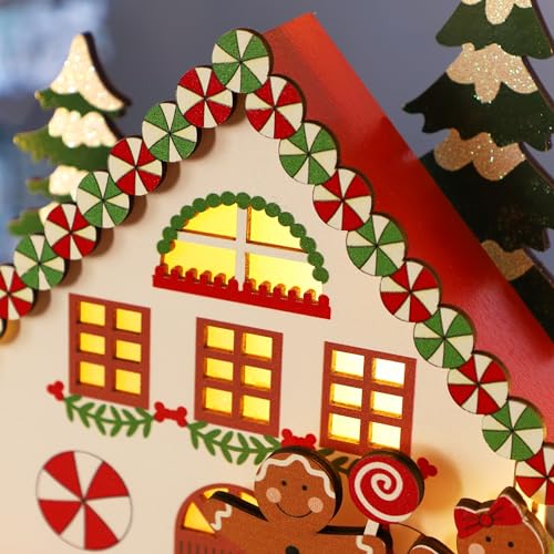 Christmas Tabletop Decoration, Wooden Lighted Gingerbread House Ornaments, Battery Operated Christmas Indoor Fireplace Home Table Decorations - style: Gingerbread House