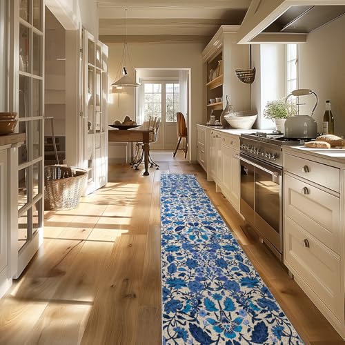 EverGrace Hallyway Area Runner Rugs 2x10, Boho Floral Faux Wool Indoor Outdoor Rugs, Washable Rugs for Bedroom Dining Room Living Room Kitchen, Low Pile Floor Mat Carpet for Home Decor, Celtic Blue - color: Celtic Blue Multi, size: 2'x10'