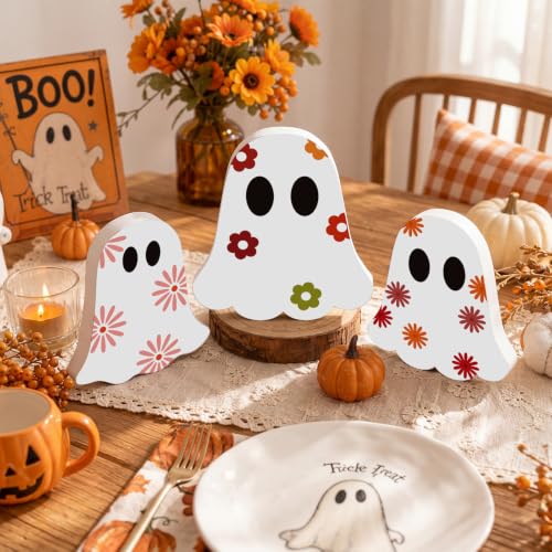 Gerrii 3 Pcs Cute Ghost Halloween Table Decorations Indoor, Floral Ghost Wooden Block Signs, Halloween Tiered Tray Decor, Holiday Tabletop Centerpieces for Holiday Party Home Office Shelf Display - style: Floral