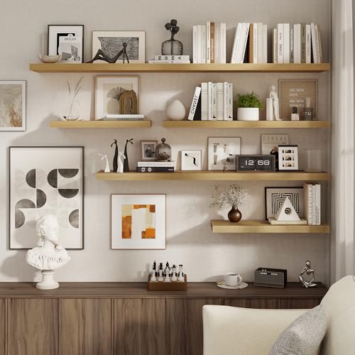 Floating Shelves for Wall, 27.5 Inch Bathroom Shelves Set of 2, Rustic Wood Wall Shelf with Invisible Brackets for Books|Storage|Decor, 8 Inch Deep Floating Shelf for Bedroom|Kitchen, Oak - color: Oak, size: 27.5"W x 8"D