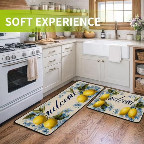 Classic Kitchen Mats for Floor, 2-Piece Non-Slip Kitchen Rugs - color: Lemon Blue Flower