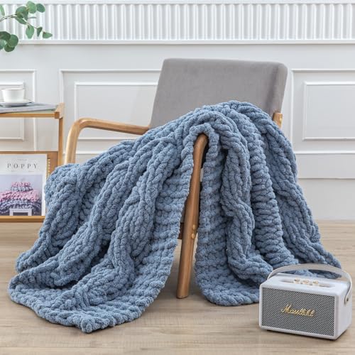 WESHIONGOO Chunky Knit Blanket Throw 50"×60" Knitted Throw Blankets for Couch Bed Fluffy Soft Blanket with Jumbo Chenille Yarn Thick 100% Handmade (Dusty Blue) - color: Dusty Blue, size: 50"x60"