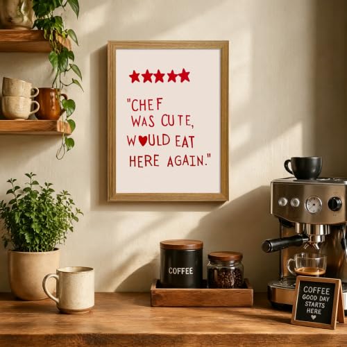 Funny Kitchen Wall Art 5 Star Review Quote Canvas Print Chef Was Cute Would Eat Here Again Red Text Wall Decor for Cafe Bistro Kitchen Dining Room Framed 12x16 inch - color: chef, size: 16"L x 12"W