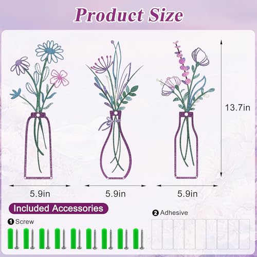 Embewhis Wall Decor Metal Flowers 3pcs, Rustic Farmhouse Flower Sculptures, 13.7" Wall Art Decor, Drill-Free Install Option for Living Room, Kitchen, Bedroom & Bathroom - size: D
