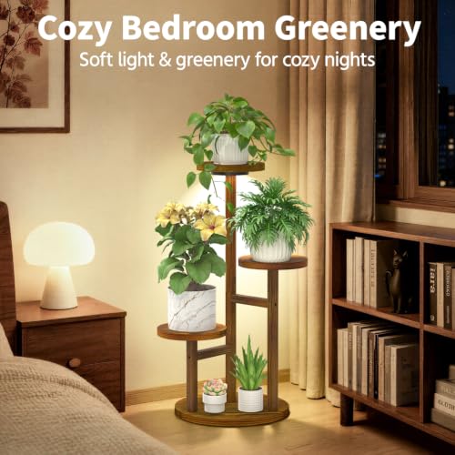 LASZOLA Wood Small Plant Stand Table Indoor Tall with Lights, 3 Tier Brown - color: Brown with Light, size: 3 Tier