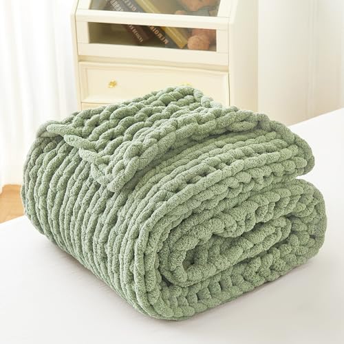 Chunky Knit Blanket Throw for Couch, 51"x63" Chunky Yarn Knitted Blankets - color: Sage Green, size: 51"x63"