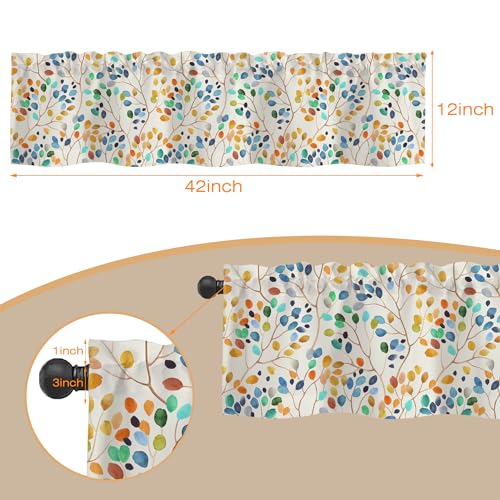 Valances Curtains for Windows, Bright Watercolor Colorful Leaves Spots Semi Sheer Curtain Valances,Rod Pocket Short Window Treatment Light Filtering Decor Valances for Kitchen Living Room - 42"x12" - color: Colorful Leaves, size: 12"W x 42"L (Pack of 1)