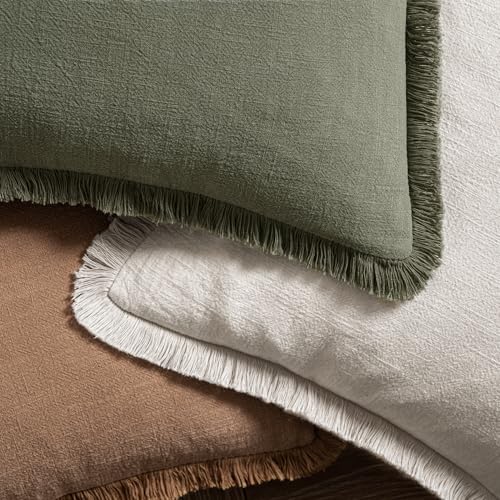MIULEE Fall Linen Fringe Pillow Covers Set of 4 18x18 Olive Green - color: Olive Green, size: 18" x 18" (Pack of 4)