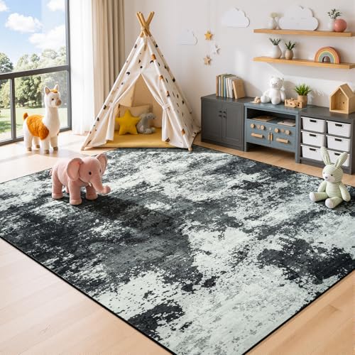Merelax 4x6 Back Grey Washable Area Rug Non-Slip Faux Wool Abstract Carpet - color: Black Grey, size: 4' x 6'(48''x72'')
