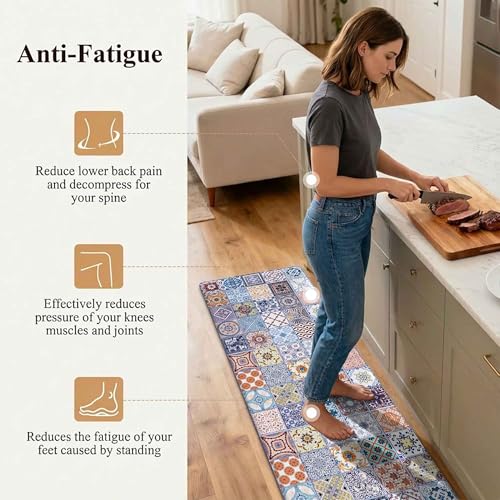 Boho Kitchen Rug Mats for Floor Cushioned Anti Fatigue Colorful Ceramic Tile Kitchen Rugs Sets of 2 Talavera Non Slip Waterproof Comfort Memory Foam Standing Floor Mat for Laundry Sink Desk - color: Blue White, size: 46"Lx17"W+29"Lx17"W-0.3"H