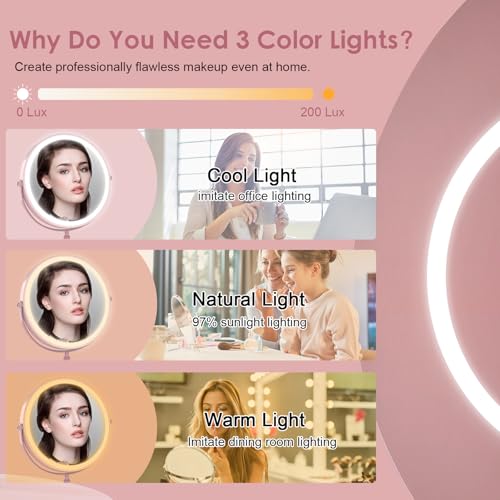 DEIOVWXS Makeup Mirror, Rechargeable Vanity Mirror with 3 Lights, 1X/10X - color: Pink