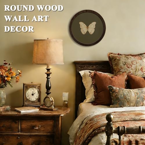 CFFJLHN Green Butterfly Wall Art Decor, Bedroom Round Wooden Wall Art Vintage Butterfly Moth Framed Prints, Retro Cottagrcore Round Wall Hanging Decor for Bedroom Home Decorations, 10x10 Inch - color: Butterfly