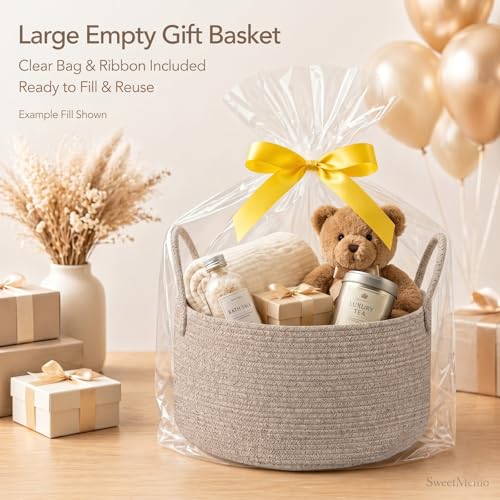 Big Gift Basket Empty Kit, Large Woven Rope Storage Basket, Beige - color: Natural Brown, size: Large