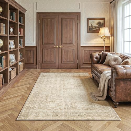 FMFUNCTEX 3x5 Washable Beige Vintage Neutral Throw Area Rug for Entryway - color: Beige, size: 3' x 5' (Rectangular)