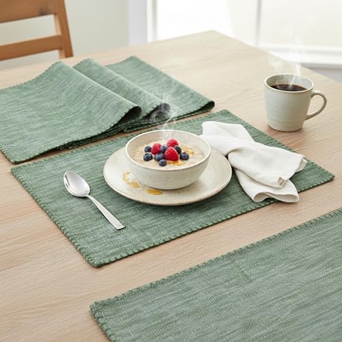 Dining Table Placemats with Decorative Stitched Edge Textured Cotton Kitchen Cloth Table Mats Machine Washable Woven Fabric Dinner Mats Washable Table Plate Mats Green 14”x20” Set of 4 - color: Olive Green, size: 14"x 20"