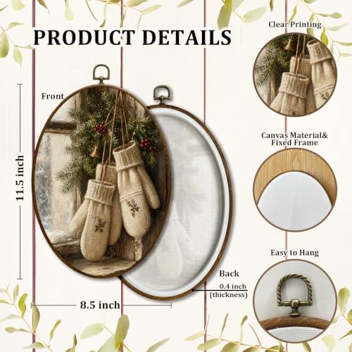 JQF Farmhouse Winter Christmas Mittens Oval Wall Decor Framed 8.5x11.5 Inch - color: Gloves-1