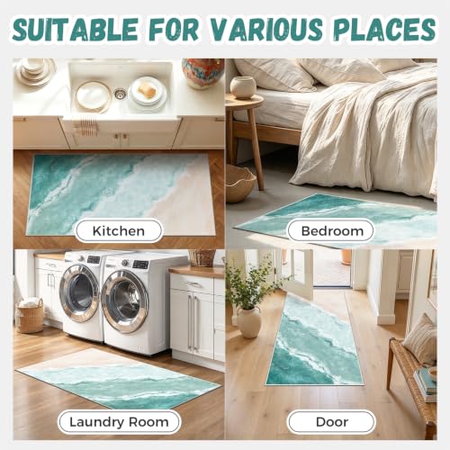 Beach Pattern 2x4ft Runner Rug Non Slip Washable Kitchen Runner Rug with Rubber Backing,Low-Pile Soft Washable Runner Rugs for Hallway Entryway Kitchen Bedroom Bathroom - color: Teal Beach, size: 5' x 10'1" (Rug)