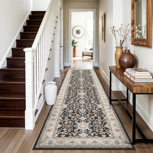 TOPRUUG Washable 2x8 Runner Rug: Vintage Non-Slip Stain Resistant Rug Low Pile Ultra Thin Carpets for Kitchen Hallway Living Room Durable Soft Bedroom Entryway Mat for High Traffic Area (Black, 2x8) - color: Black, size: 2' x 8' (Rectangular)