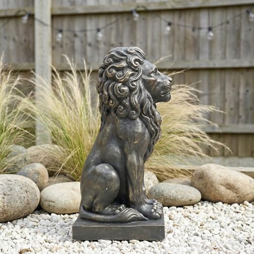 Lion Statue, Outdoor Garden Statues 27in Tall, Dark Gray - color: Dark Gray With Gold Accents