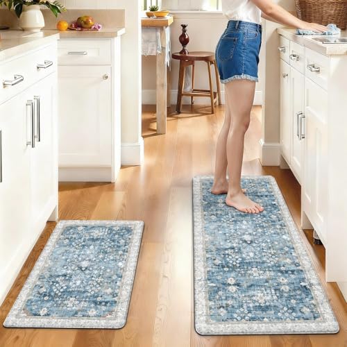 Boho Cushioned Anti Fatigue Mats for Kitchen Floor,Modern Farmhouse Blue Floral Non-Slip Water Resistant Runner Comfort Foam Standing Rugs Non Skid for Home Sink,Office,Laundry 17"x47"+17"x30" - color: 2026 Anti Fatigue Mats 2