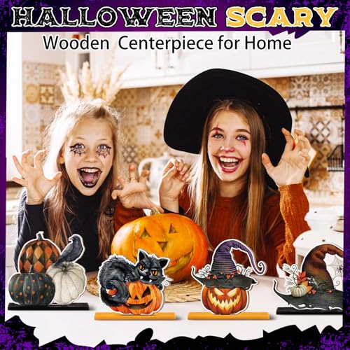 Marsui 12 Pcs Halloween Wooden Decor Pumpkin Ghost Cat Centerpieces - style: Halloween