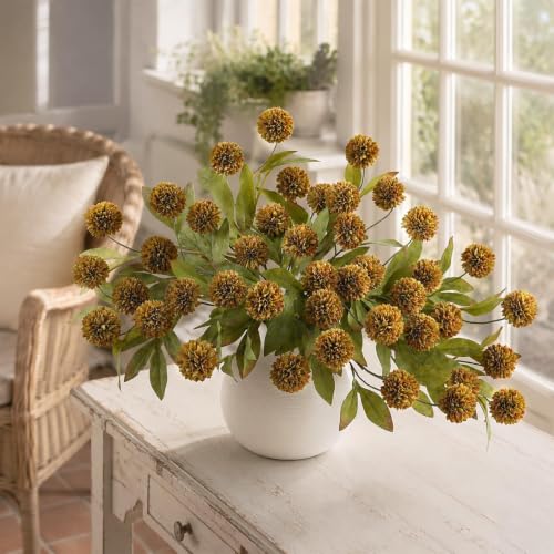 6 Pcs 27"Artificial Fall Pompon Mum Flower Stems for Vase (Autumn Orange) - color: Autumn Orange