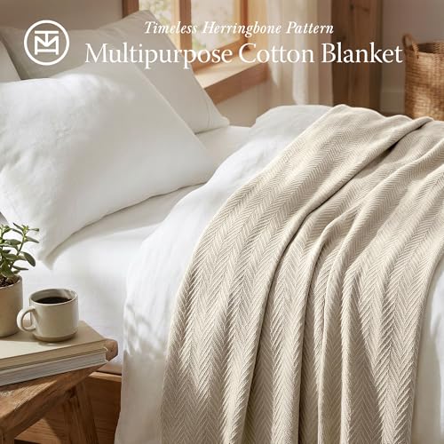 Threadmill Luxury 100% Cotton Twin Herringbone Blanket, Sand - color: Sand, size: Twin (68" x 92")