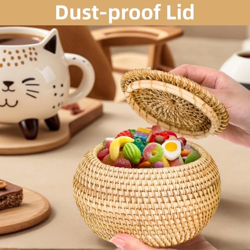 WRINGKIT Small Rattan Basket Box with Lid, Handmade Woven