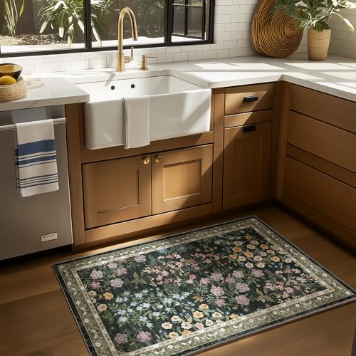 Machine Washable Throw Rugs for Entryway: Door Mat Indoor Entrance 2x3 Rug Small Area Rug Non-Slip Low Pile Kitchen Rug for Front Door Indoor Entrance Kitchen Bedroom Kids Room - color: Floral-dark Green, size: 2' x 3' (Rectangular)