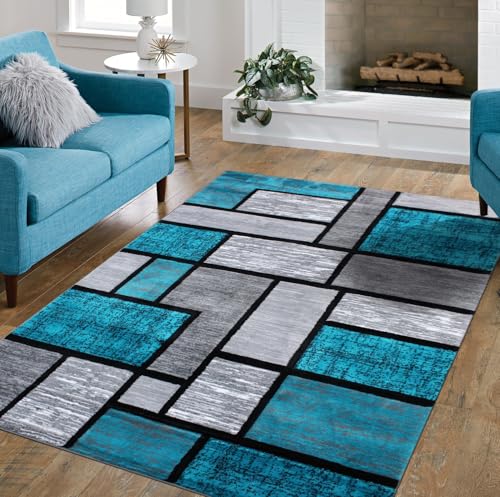 Modern Luna 3995 Geometric Living Room Rug - Area Rugs for Living Room Dining & Bedroom - Hand Carved Runner Carpet - Durable Polyester - Non-Fade Stain-Resistant - Turkish Made - color: Turquoise, size: 5' x 7' (Rectangular)