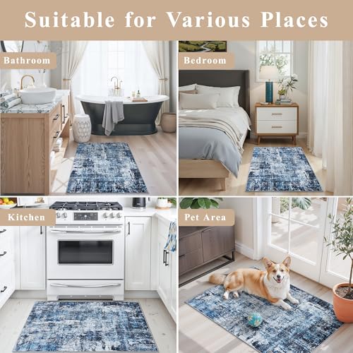 2x5 Washable Kitchen Runner Rug – Non-Slip Rubber Backing Low-Pile Soft Small Rug for Hallway Bathroom Bedroom Entryway Laundry Room – Modern Neutral Abstract Thin (Navy Blue) - color: Navy Blue, size: 2' x 5' (Rectangular)