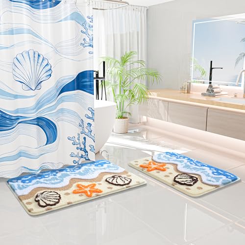 QJHOMO Beach Themed Bathroom Rug Beach Colorful Nautical Bath Mat 20x32 in - color: Blue Landscape, size: 1'8" x 2'8" (Rectangular)