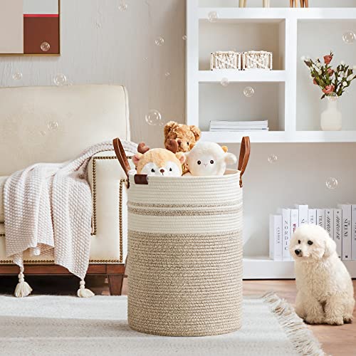 VIPOSCO 72L Tall Woven Rope Laundry Hamper, Leather Handles, Brown & White - color: Brown & White, size: 72L
