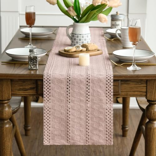 Artoid Mode Pink Woven Farmhouse Hollow Table Runner 12x36 Inch - color: Pink, size: 12" x 36", Table Runner