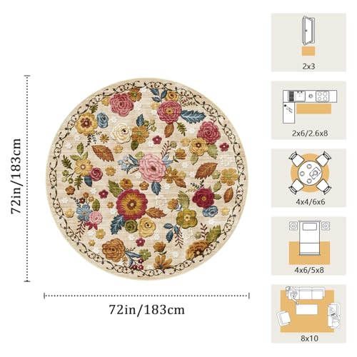 Washable 6ft Round Area Rug, Beige Boho Floral Non-Slip for Living Room - color: Beige, Cream, Mustard, Brick Red and Blue, size: 6' (Round)