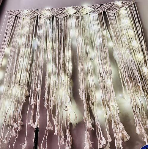 Macrame Wall Hanging Curtain Bohemian Style Room Décor, Special Events Wall Hanging Woven Tapestry Wall Art Boho Curtains with LED Fairy Lights (Tapestry + USB Strip Lights)