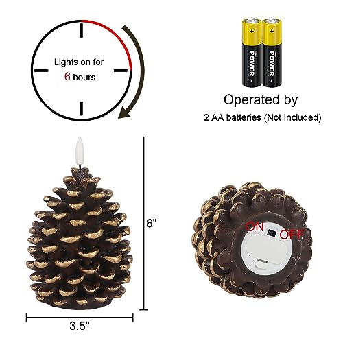 Wondise Flameless Candles with Timer, Battery Operated Flickering 3D Wick Real Wax Pine Cone Candles for Christmas Indoor Decoration, Set of 2, Brown(D3.5 x H6 Inch) - color: 3-Brown